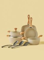 10-Piece Aluminium Pots And Pans Non-Stick Surface Wood Finish Handles Tempered Glass Lids PFOA Free Frying Pan, Casserole With Lid, Saucepan, Grill Pan, Kitchen Tools Beige